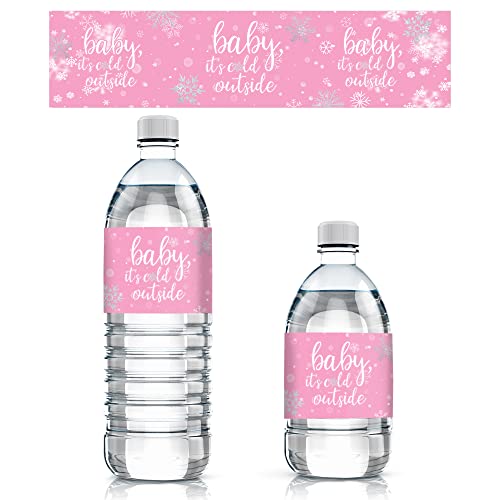 Pink Little Snowflake Winter Baby Shower Water Bottle Labels, Baby It's Cold Outside - 24 Stickers