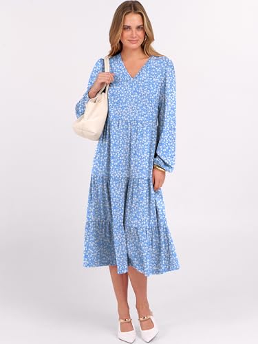 Image of ANRABESS Women's Long Lantern Sleeve Floral Midi Dresses 2026 Fall V Neck Casual Flowy A-line Tiered Boho Vacation Dress