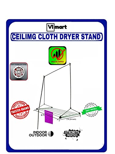 Image of VIMART Stainless Steel Heavy Duty Ceiling Cloth Dryer, UV Protected Nylon Ropes dropdown Ceiling Clothes Dryer Stand (Steel) (6 Pipes x 6 Feet)