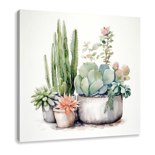 Yelash Watercolor Succulent Cactus Wall Art Canvas Print for Bathroom Bedroom Gray Decor 12 x 12 Inch