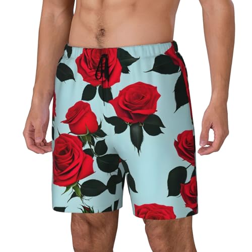 Red Rose Print Men's Double Layer Swim Trunks,Athletic Beach Shorts,Adjustable Drawstring Waist2