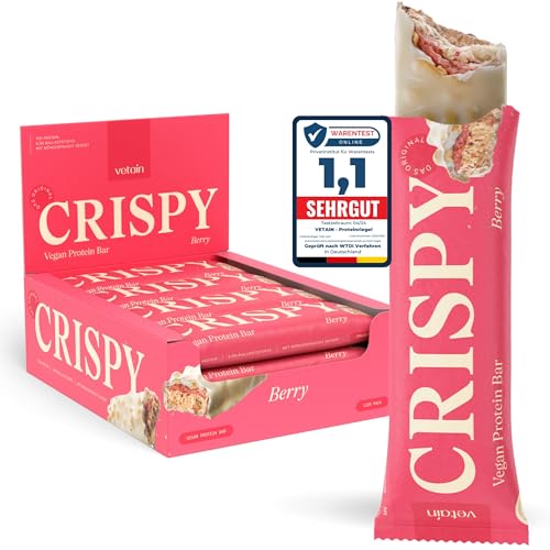 VETAIN Vegan Protein Riegel - Crispy Berry - 12g Protein pro Riegel - 100% natürliche Zutaten - Low Sugar - Frei von Sucralose & Maltit - Knuspriger Eiweißriegel - 12 x 55g