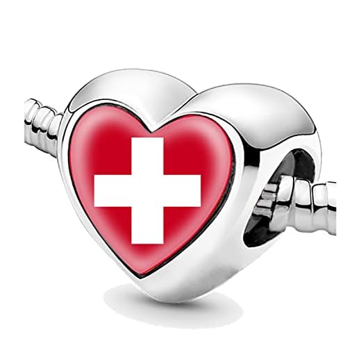 Bon4azuré Perlen für Armbänder der Schweiz Flagge Silber Charms für Frauen Charme Perle Schmuck Geschenke Geschenke für Mädchen, Silber