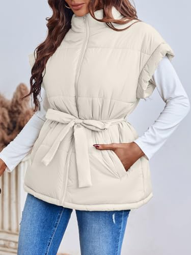 Langwyqu Women Oversized Puffer Vests Sleeveless Stand Collar Zipper Puffy Jackets with Belt3