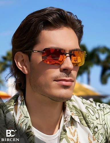 Image of BIRCEN Mens Polarized Sunglasses for Driving: Rimless UV Protection Sun Glasses with Al-Mg Frame for Fishing Traveling Golf