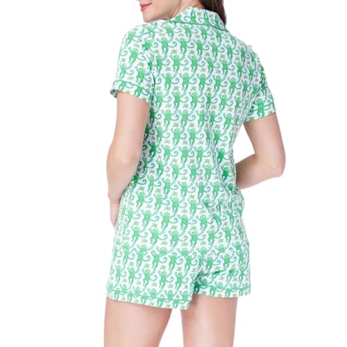 Image of Womens Pajamas Set Trendy 2 Piece Button Down Monkey Bunny Shorts Set Y2k Roller Dupes Rabbit Preppy Loungewear Pjs Green, Small