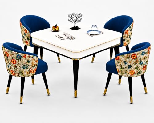 Image of WOODEN SPACE 4 Seater Wooden Dining Table Set | Urban Marble Top Dining Table with Chairs for Dining Room & Kitchen (Modern Classic Printed Navy Blue) (42 x 42 x 30 inch)