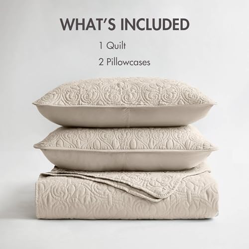 Image of Madison Park Luxurious Cotton Damask Quilt Set, 3PC Full /Queen Bed Set | All Season, Lightweight Stitching Coverlet Bedspread Bedding Stitching with Shams, Cream