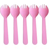 100PCS Disposable Plastic Sporks, Individually Wrapped Forks for Ice Cream, Cake, 4.2 Inch Mini Spoons and Sporks for Desserts, Yogurt, Fruit, Salad （Pink）