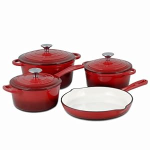 Basque Enameled Cast Iron Cookware Set (Rouge Red), 7-Piece Set, Nonstick, Oversized Handles, Oven Safe; 10.25″ Skillet, 2QT Saucepan, 2.25QT Small Dutch Oven, 4.75QT Large Dutch Oven