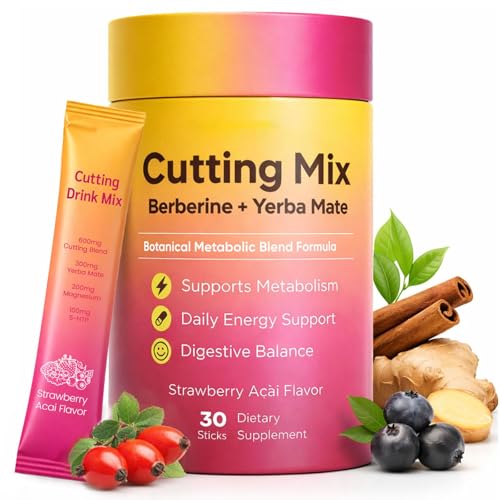 Cutting Drink Mix Supports Satiety Energy & Gut Health with Berberine & Yerba Mate Blend Strawberry Aa Flavor Sugar-Free Drink Powder 30 Stick Packs