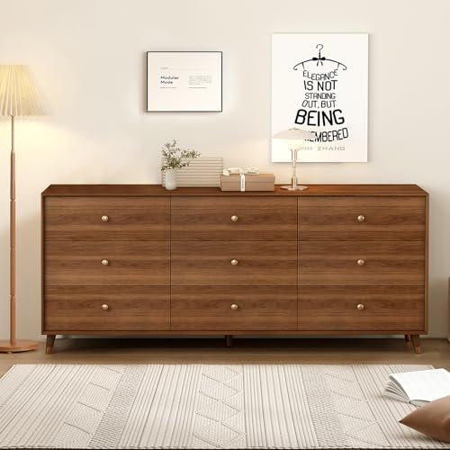 Image of Messenya 9 Drawer Dresser for Bedroom, 63 Inch Walnut Dresser for Closet, Mid Century Wood Chest of Drawers with Natural Texture & Pre-Embedded Slots for TV Stand, Living Room, Hallway, Office