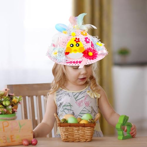 Suloli Easter Bonnet Decorations Kit,Easter Hats To Decorate Make Your Own Easter Bonnet Easter Bonnet Hat For Kids Easter Bonnet Making Kit For Girls(Pink) - 6