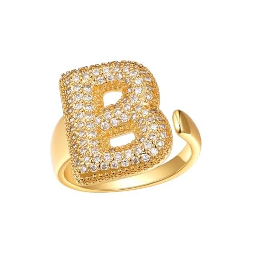 FindChic Initial Ring for Women, Gold Plated Chunky Letter Rings Open Adjustable Trendy Sparkling Cubic Zirconia Personalized Statement Rings Jewelry Gift Letter-B