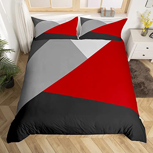 Homewish Ensemble de Literie 200x200 Rouge Noir et Gris, Housse de Couette Géométrique en Patchwork pour Enfants Garçons Filles, Parure de Lit Imprimé...