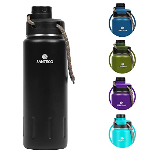 Insulated Water Bottles 24 Oz, Santeco Stainless Steel Bottles With Lanyard & Wide Mouth Spout Lid, Leak Proof, Double Wall Vacuum Water Bottle, Keep Drinks Hot & Cold For Hiking Camping - Black #TOP6