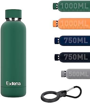 Exllena Insulated Water Bottles 1L with Water Bottle Buckle, Double Wall Stainless Steel Water Bottles 12 Hrs Hot/24 Hrs Cold, BPA Free for Gym, Camping, Hiking (Emerald Green)