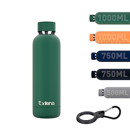 Exllena Slim Insulated Water Bottles for Travel 18oz with Clip, Double Wall Vacuum Stainless Steel Water Bottle Keeps Drinks Cold 24 Hrs/Hot 12 Hrs, 100% Leakproof, BPA Free(Emerald Green)