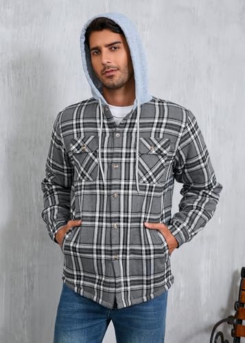 Men's Quilted Lined Flannel Shirt Jacket Button Down Flannel with Hood Lightweight Quilted Jackets for Men4