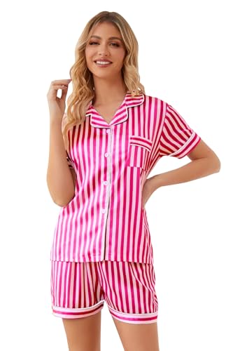Image of Schbbbta Women Pajamas Set, 2 Pieces Satin Silk Button Down Pjs Short Sleeve Outfits Loungewear