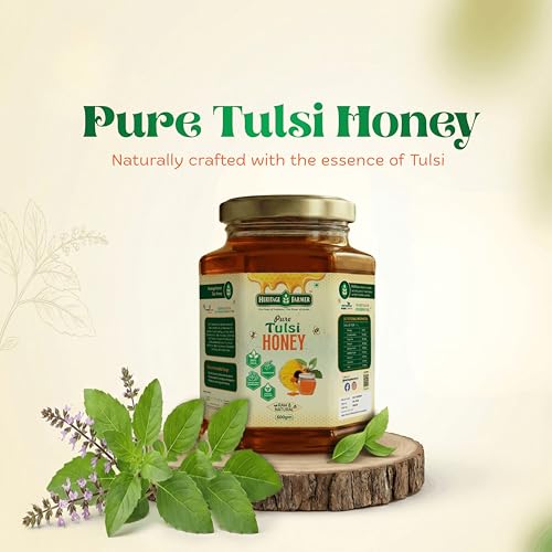 Image of Heritage Farmer Pure Tulsi Honey 500g | Raw & Natural Honey | No Added Sugar | 100% Pure Honey | Holy Basil Tulsi Sourced | Unprocessed Premium Honey | Rich Aroma | Perfect Natural Sweetener for Daily Use