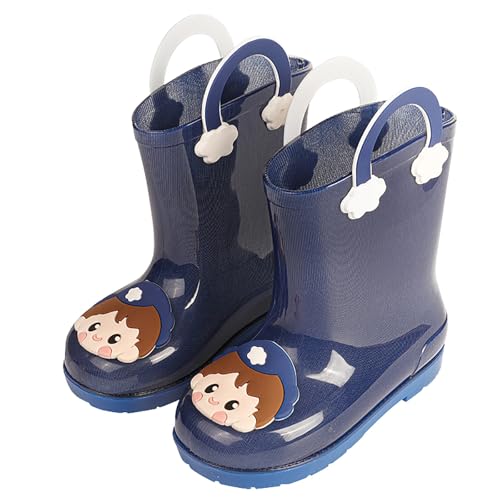 Botas de agua para niños y niñas, con asa bonita, impermeables, de goma, para niños pequeños, para la escuela, senderismo, hasta el tobillo, zapatos de agua ligeros para caminar, azul oscuro, 34 EU