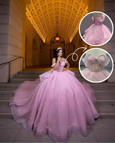 Glitter Tulle Quinceanera Dresses Ball Gown Off Shoulder Sweet 16 Dresses with Train Sparkly Beaded Quince Dress