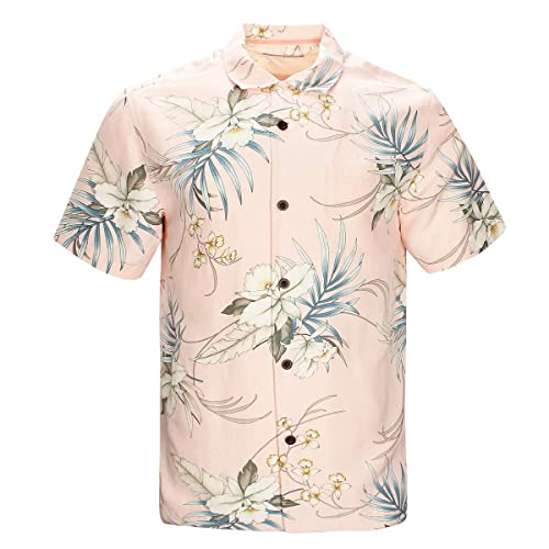 Havana Breeze Men's Hawaiian Floral Shirts Silk and Linen Short Sleeve Button Down Tropical Holiday Beach Shirts Pink