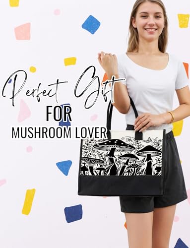 Bolso tote de lona InnoBeta con diseño de hongos para mujer, con cierre de cremallera superior y correa para el hombro, ideal para cumpleaños, Día de la Madre y Navidad - Negro miniatura 4