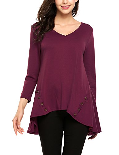 Preisvergleich Produktbild Parabler Damen Seitliche Tasten Langarmshirt Pullover Lässige V-Ausschnitt Oberteile Hemd Freizeit Loose Fit T Shirt Blusen Tunika Top große größen