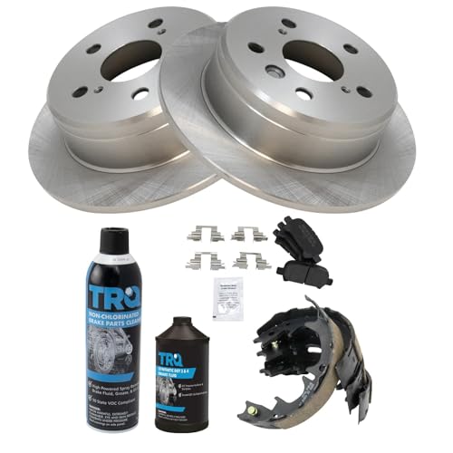 Image of TRQ Rear Brake Pad & Rotor Kit, with Chemical Kit Parking Brake Shoe Set Semi-Metallic Compatible with 2000-2001 Toyota Camry 1999-2003 Solara