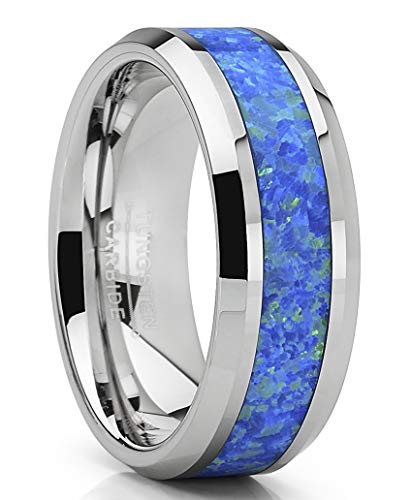 Metal Masters Co. Tungsten Carbide Wedding Band Ring with Blue Green Simulated Opal Inlay 8mm