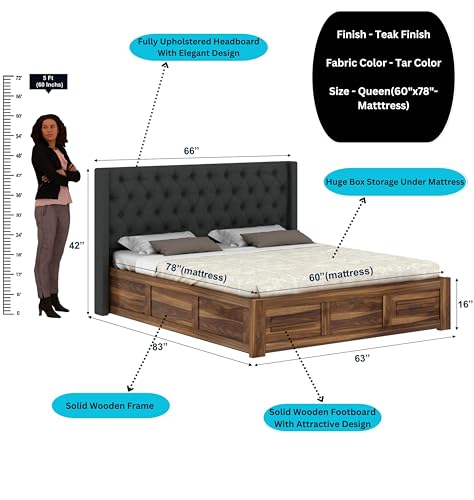Image of Ganpati Arts Solid Sheesham Wood Swiss Queen Size Bed with Box Storage and Fabrio Style Tar Upholstered Headboard | Wooden Double Bed Cot Palang Furniture for Bedroom, Guest Room, Hotels, Home (Teak)