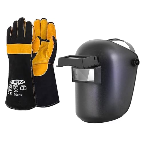 Image of TOPDC Welding Gloves 16 Inches with Flip Front Welding Helmet 3.86"x1.61", Fire/Heat Resistant Leather Welding Gloves For Mig,Tig,Stick,Forge,BBQ,Grill, Welding Mask with Adjustable Headgear