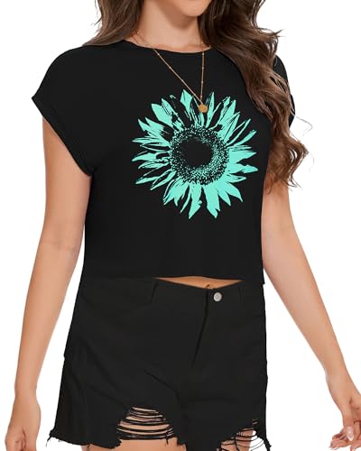 Image of Womens Crop Tops Summer Roll Cap Sleeve Cropped Tshirt Loose Fit Basic Tees