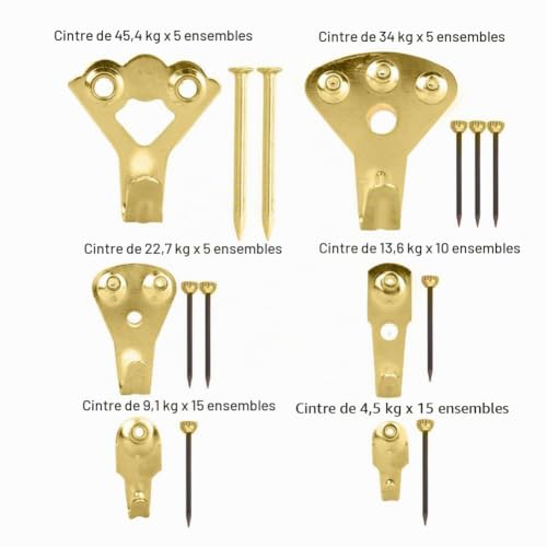 Crochets d'image, 130 Pièces Cintre de cadre photo, kit de suspension en métal de cadre de photo résistant, Mural Crochet Kit de Photos Avec des Clous pour mur prend en charge 10-100 lb, Dorée – vue 5