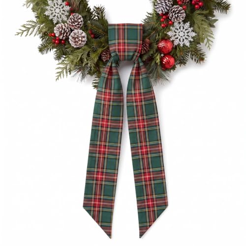 LANGFON Christmas Wreath Sash for Front Door Red Green Gingham Decor Ribbon