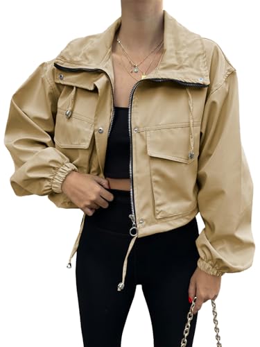 Tankaneo Women's Dark Khaki Cropped Utility Anorak Jacket – Your Go-To for Effortless Style - Image 2