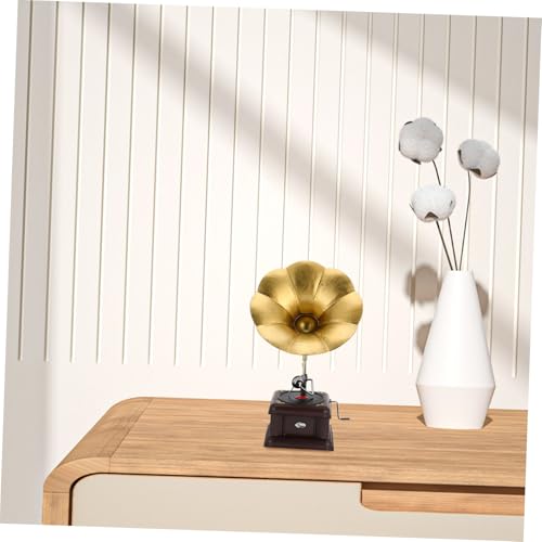 Gramophone Décoratif Vintage en Fer Peint Bronze Objet Déco à Manivelle