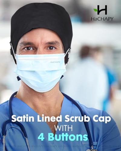 Image of 2 Pcs Satin Lined Scrub Cap Nurse Hats for Women Men 4 Buttons