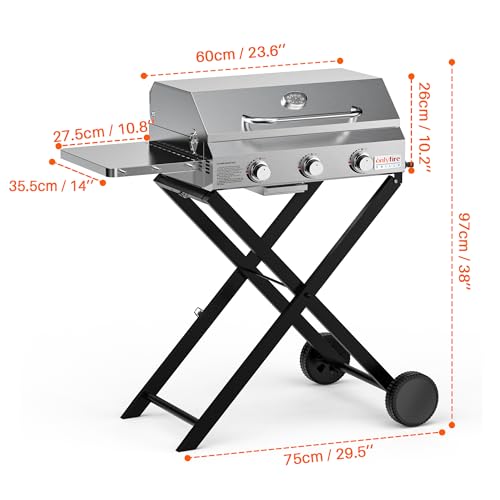 Onlyfire 3 Brenner Gas Grillwagen | BBQ Gasgrill mit Grillrost | 7Kw | Grillfläche 56,5×34cm | mit Seitentischen, Faltbarem Rollwagen, Rollen, Thermometer | für Outdoor Camping Balkon Garten