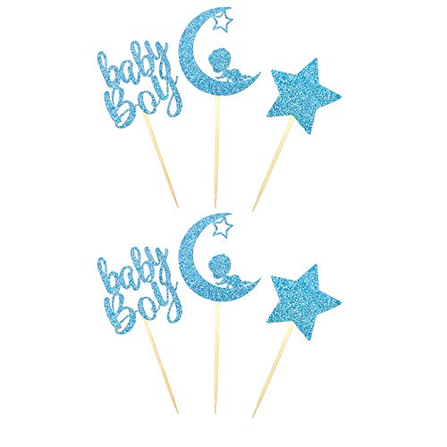 24 Pcs Baby Shower Boy Cupcake Toppers With Moon Star Blue Glitter Baby Boy Cupcake Picks Baby Shower Boys Birthday Party Supplies #TOP3