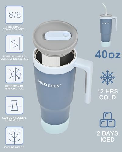 Image of 40 oz Tumbler with Handle and Straw, Travel Mug, Dark Blue | Stainless Steel, Vacuum Water Bottle, Insulated Tumbler, Reusable, Car Cup Friendly, 12-hour cold, 40 Oz