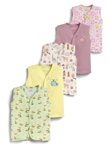Image of HELLCAT 100% Cotton Front Open Jhabla Vest & T Shirt for Babies - Pack of 5 (Unisex,Sleeveless)