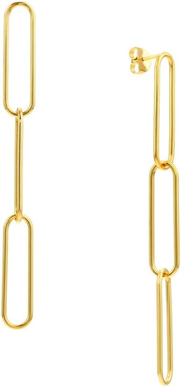 14k Yellow Gold Three Link Paper Clip Long Drop Dangle Earrings Clip on Earring for Women