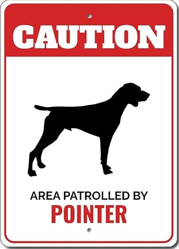 Patrolled By Pointer Caution Metal Sign Dog Kennel Breed Canine K9 Paw Pet Owner