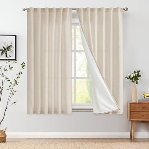 jinchan Beige Linen Curtains with White Privacy Lining Natural Lined Curtains 63 inch Light Filtering Drapes for Living Room Bedroom Neutral Farmhouse