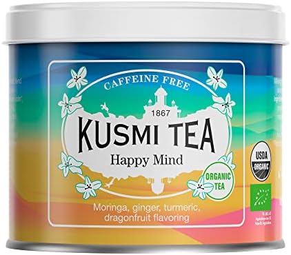 Kusmi Tea Happy Mind - 100 gr Loose Tea Tin - Plant-Based Organic Herbal Tea with Dragon Fruit, Turmeric, Apple, Chili Pepper, Moringa, Lemon & Ginger - Caffeine Free