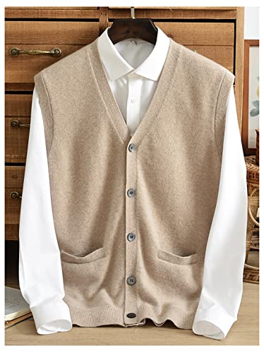 Cashmere Vest Men's Middle-Aged Cardigan V-Neck Single-Breasted Soft Warm Casual Gentleman Color Button Vest Sweater Beige Xxl #TOP6