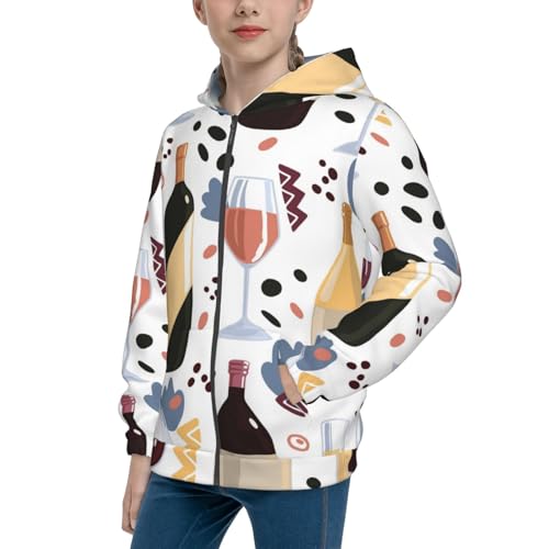 Wine Bottles Glasses Kid Hoodies Boys Zip Up Sweatshirts Girls Pullover with Pocket